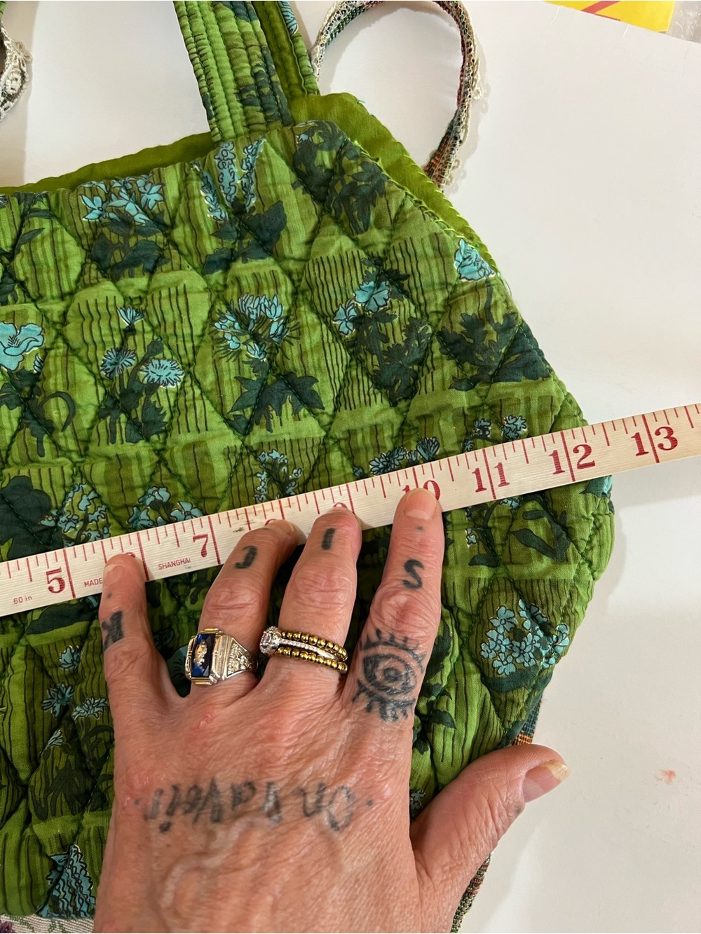 Handmade Quilted Green Floral Tote Bag - London May Court Club - Picture 9 of 12
